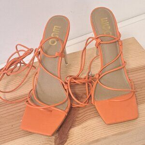 EGO Orange Tie Up Square Toe Clear Stiletto Heel Sandals Misses Size 7